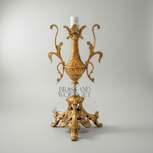 Baroque Handcrafted Brass Table Lamp Acanthus Urn Base Crystal Sphere Pleated Fabric Shade antique Front | Brass & Wood