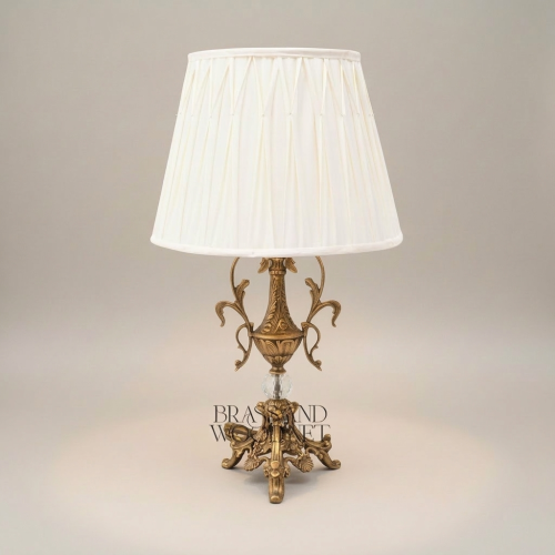 Baroque Handcrafted Brass Table Lamp Acanthus Urn Base Crystal Sphere Pleated Fabric Shade antique Front | Brass & Wood