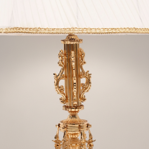 Baroque Heavily Ornate Brass Table Lamp Scrollwork Column Pleated White Shade Classical Luxury Gold Front | Brass & Wood