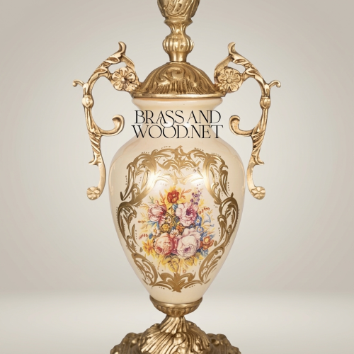 Baroque Ceramic Brass Urn Table Lamp Hand-Painted Floral Vase Base Ivory Shade Antique Gold Antique Front | Brass & Wood