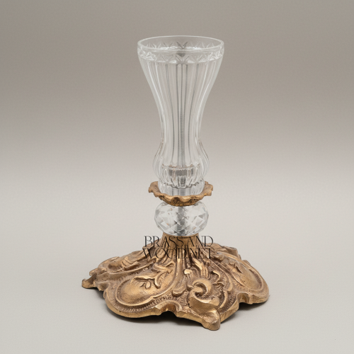 Baroque 3-Arm Crystal Brass Candelabra Table Lamp with Etched Glass Hurricane Shades Ornate Rococo Base antique Front | Brass & Wood