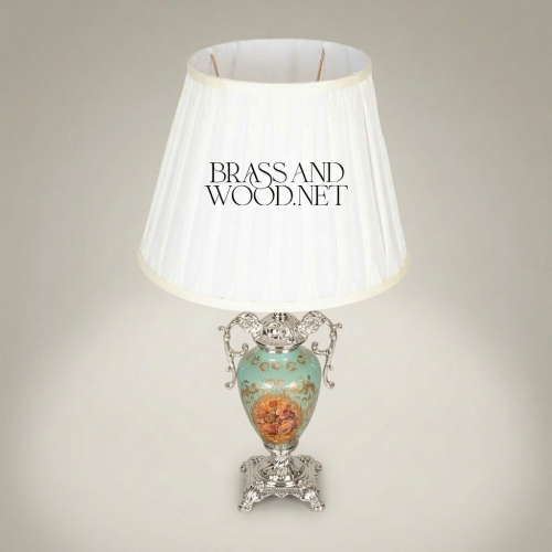 Baroque Silver Turquoise Ceramic Table Lamp Hand-Painted Floral Urn Base White Pleated Shade Brass and Wood Silver Front | Brass & Wood