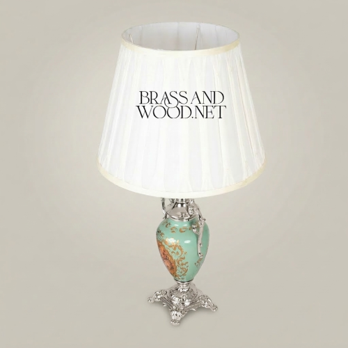 Baroque Silver Turquoise Ceramic Table Lamp Hand-Painted Floral Urn Base White Pleated Shade Brass and Wood Silver Front | Brass & Wood