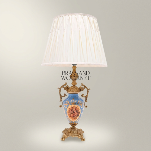 Classical Baroque Blue Hand-Painted Ceramic Urn Table Lamp with Antique Gold Brass Mounts and Pleated Ivory Shade Antique Front | Brass & Wood