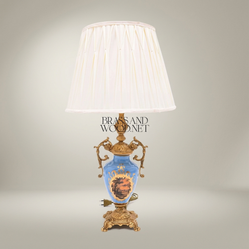 Classical Baroque Blue Hand-Painted Ceramic Urn Table Lamp with Antique Gold Brass Mounts and Pleated Ivory Shade Antique Front | Brass & Wood