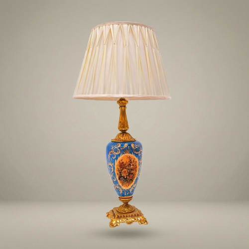 Classical Baroque Blue Ceramic Urn Table Lamp Hand-Painted Floral Panel Brass Base Cream Shade Gold Front | Brass & Wood