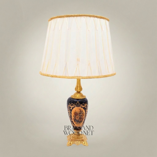 Classical Baroque Hand-Painted Navy Blue Ceramic Table Lamp Ornate Brass Base Off-White Pleated Shade Brass and Wood Gold Front | Brass & Wood