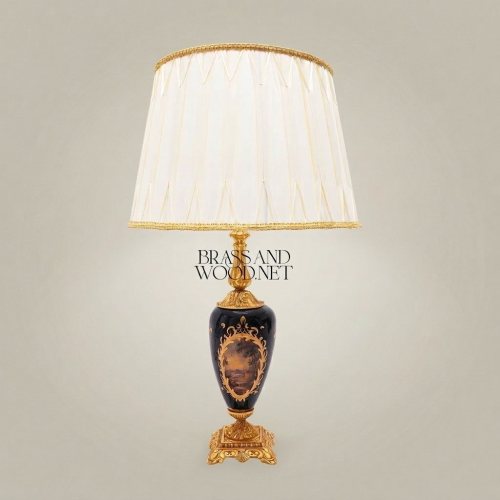 Classical Baroque Hand-Painted Navy Blue Ceramic Table Lamp Ornate Brass Base Off-White Pleated Shade Brass and Wood Gold Front | Brass & Wood