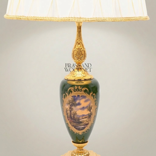 Classical Brass Ceramic Hand-Painted Scenic Urn Table Lamp Cream Pleated Shade Gold Front | Brass & Wood