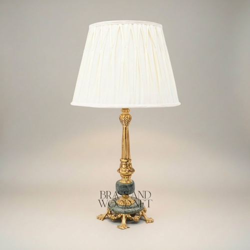Classical Brass Marble Table Lamp Ornate Fluted Column Pleated Shade Brass and Wood Gold Front | Brass & Wood