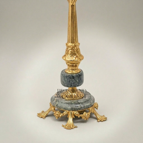 Classical Brass Marble Table Lamp Ornate Fluted Column Pleated Shade Brass and Wood Gold Front | Brass & Wood
