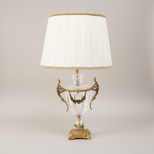 Classical Crystal Urn Table Lamp Ornate Brass Acanthus Handles Floral Swag Pleated Shade antique Front | Brass & Wood