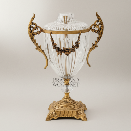 Classical Crystal Urn Table Lamp Ornate Brass Acanthus Handles Floral Swag Pleated Shade antique Front | Brass & Wood