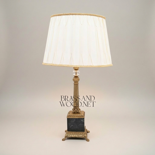 Classical Empire Brass Marble Table Lamp Fluted Column Crystal Accent Pleated Shade Brass and Wood antique Front | Brass & Wood