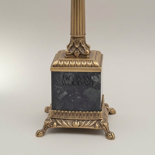 Classical Empire Brass Marble Table Lamp Fluted Column Crystal Accent Pleated Shade Brass and Wood antique Front | Brass & Wood