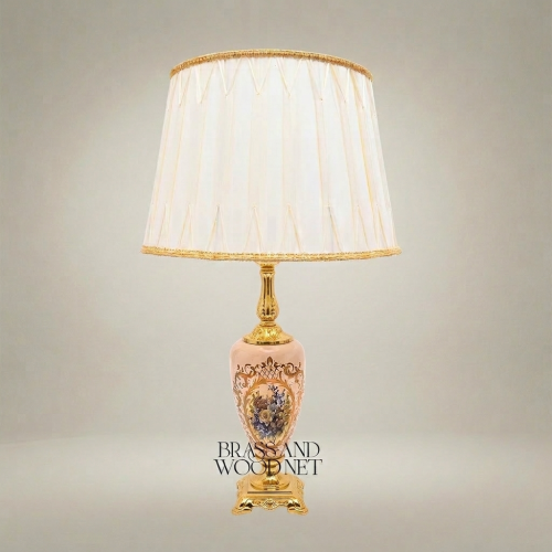 Classical Floral Hand-Painted Ceramic Table Lamp Ornate Brass Base Pleated Fabric Shade Brass and Wood Gold Front | Brass & Wood