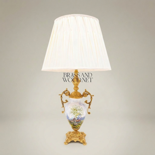 Classical Hand-Painted Porcelain Urn Table Lamp Ornate Brass Scrolled Handles Ivory Pleated Shade Brass and Wood Gold Front | Brass & Wood