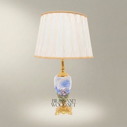 Classical Hand-Painted Porcelain Table Lamp Romantic Scene Ornate Brass Base Ivory Shade Brass and Wood Gold Front | Brass & Wood