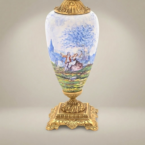 Classical Hand-Painted Porcelain Table Lamp Romantic Scene Ornate Brass Base Ivory Shade Brass and Wood Gold Front | Brass & Wood