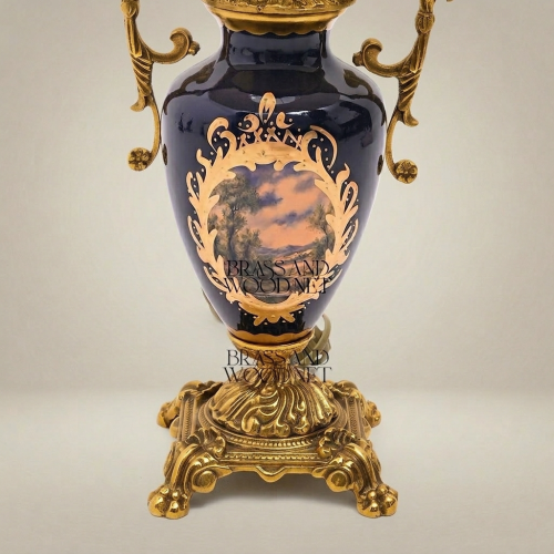 Classical Hand-Painted Porcelain Urn Table Lamp Ornate Brass Fittings Cobalt Blue Landscape Brass and Wood Gold Front | Brass & Wood
