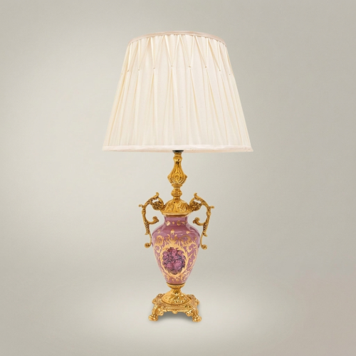 Classical Rococo Hand-Painted Ceramic Urn Table Lamp with Brass Mounts and Ivory Pleated Shade Gold Front | Brass & Wood