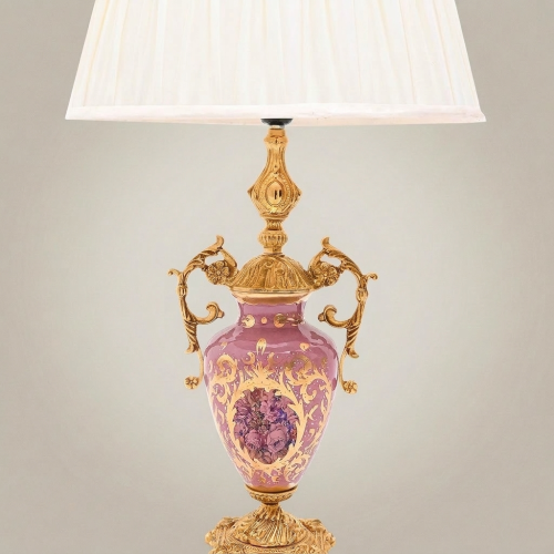 Classical Rococo Hand-Painted Ceramic Urn Table Lamp with Brass Mounts and Ivory Pleated Shade Gold Front | Brass & Wood