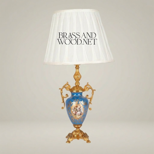 Classical Sèvres-Style Blue Porcelain Urn Table Lamp with Ornate Brass Handles and White Pleated Shade - Brass and Wood Gold Front | Brass & Wood