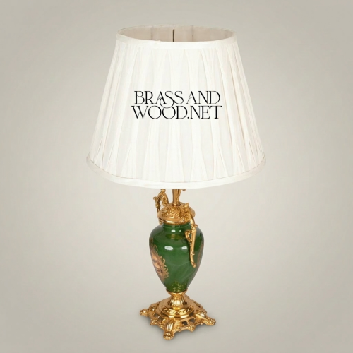 Classical Green Ceramic Urn Table Lamp Ornate Brass Foliage Base Pleated White Shade Brass and Wood Gold Front | Brass & Wood