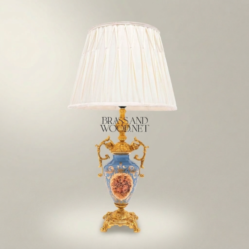 French Rococo Hand-Painted Blue Porcelain Brass Urn Table Lamp Floral Medallion Off-White Pleated Shade Gold Front | Brass & Wood