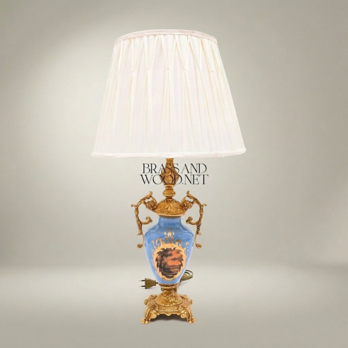 French Rococo Hand-Painted Blue Porcelain Brass Urn Table Lamp Floral Medallion Off-White Pleated Shade Gold Front | Brass & Wood