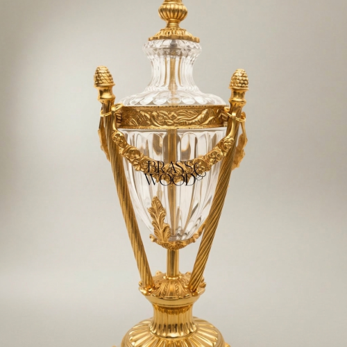 Louis XVI Handcrafted Crystal Urn Table Lamp with Brass Garland Pinecone Finials Off-White Shade Gold Front | Brass & Wood