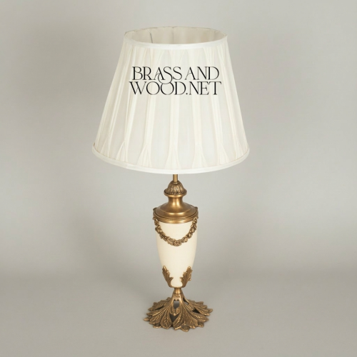 Neoclassical Handcrafted Brass Alabaster Urn Table Lamp Floral Garland Ivory Shade Brass and Wood antique Front | Brass & Wood