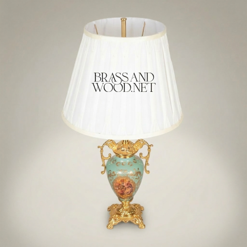 Rococo Hand-Painted Turquoise Ceramic Urn Table Lamp with Gold Brass Scrollwork and White Pleated Shade Gold Front | Brass & Wood