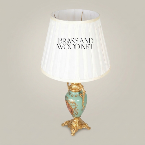 Rococo Hand-Painted Turquoise Ceramic Urn Table Lamp with Gold Brass Scrollwork and White Pleated Shade Gold Front | Brass & Wood