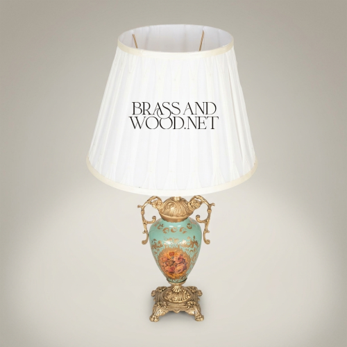 Rococo Antique Gold Brass and Turquoise Ceramic Floral Urn Table Lamp with White Pleated Shade Antique Front | Brass & Wood