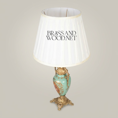 Rococo Antique Gold Brass and Turquoise Ceramic Floral Urn Table Lamp with White Pleated Shade Antique Front | Brass & Wood