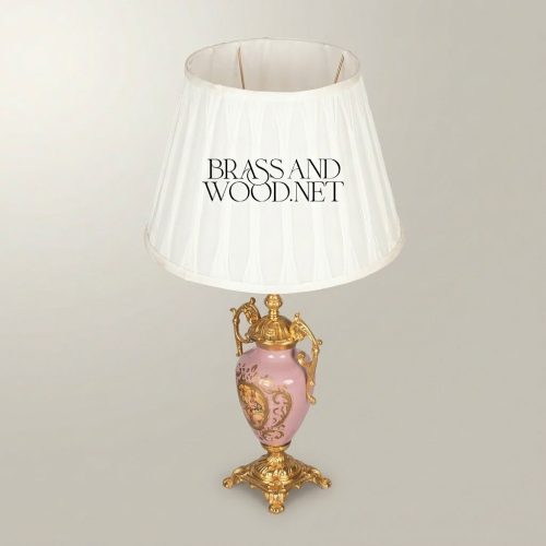 Rococo Brass and Porcelain Table Lamp Pink Hand-Painted Urn Base White Pleated Shade Gold Front | Brass & Wood