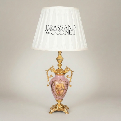 Rococo Brass and Porcelain Table Lamp Pink Hand-Painted Urn Base White Pleated Shade Gold Front | Brass & Wood