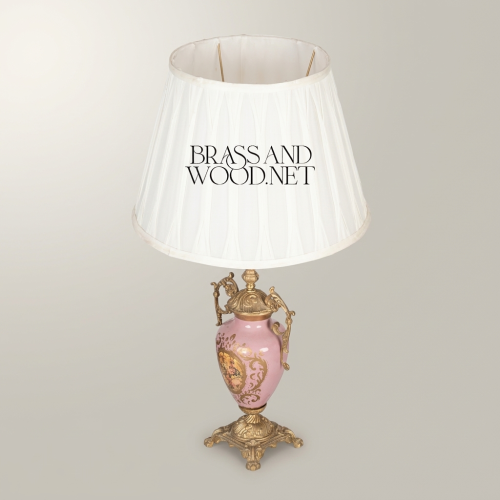 Rococo Pink Porcelain Urn Table Lamp with Antique Brass Mounts and White Pleated Shade Antique Front | Brass & Wood