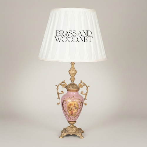 Rococo Pink Porcelain Urn Table Lamp with Antique Brass Mounts and White Pleated Shade Antique Front | Brass & Wood