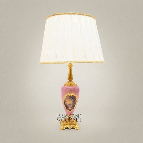 Victorian Hand-Painted Porcelain Floral Urn Table Lamp with Ornate Brass Base and Cream Pleated Shade Gold Front | Brass & Wood