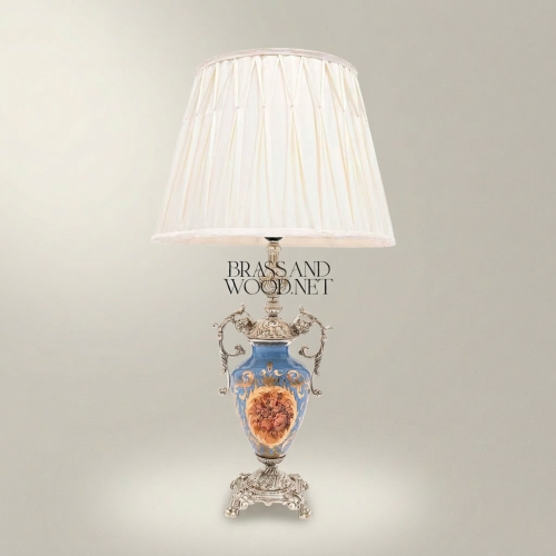 Victorian Rococo Hand-Painted Blue Ceramic Urn Table Lamp Silver Brass Scroll Handles Off-White Pleated Shade Brass and Wood Silver Front | Brass & Wood