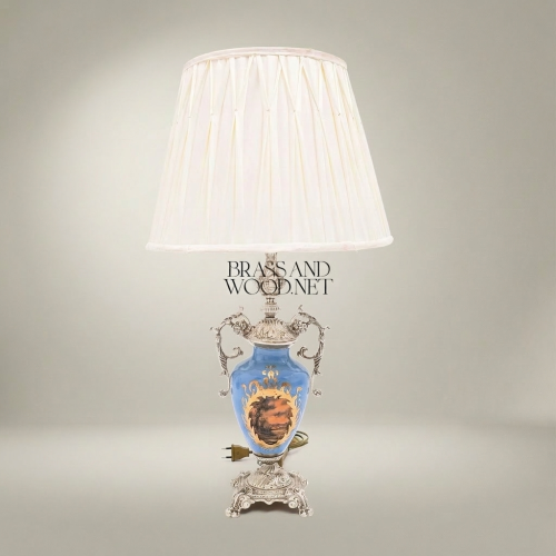 Victorian Rococo Hand-Painted Blue Ceramic Urn Table Lamp Silver Brass Scroll Handles Off-White Pleated Shade Brass and Wood Silver Front | Brass & Wood