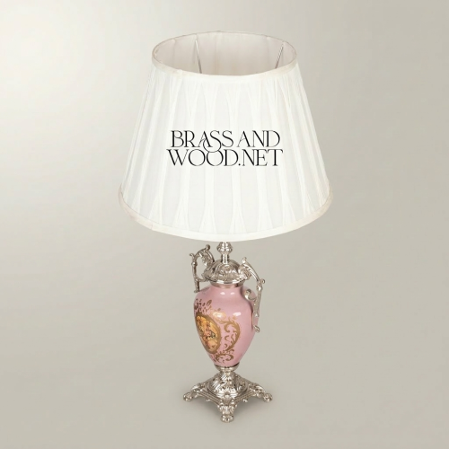 Victorian Rococo Silver Metal Pink Hand-Painted Ceramic Table Lamp Pleated White Shade Brass and Wood Silver Front | Brass & Wood